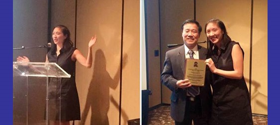 Barbara Wei, long-time USA Cadet & Junior Team member and MDTTC student of Coach Jack Huang, gives the induction speech at the Hall of Fame Banquet at the USA Nationals in Las Vegas where Jack was inducted into the USATT Hall of Fame