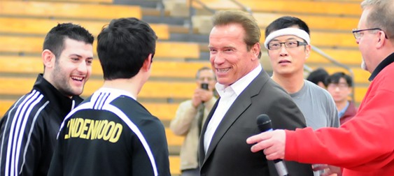 Lindenwood University with Arnold Schwarzenegger at the 2015 Butterfly Arnold Table Tennis Challenge