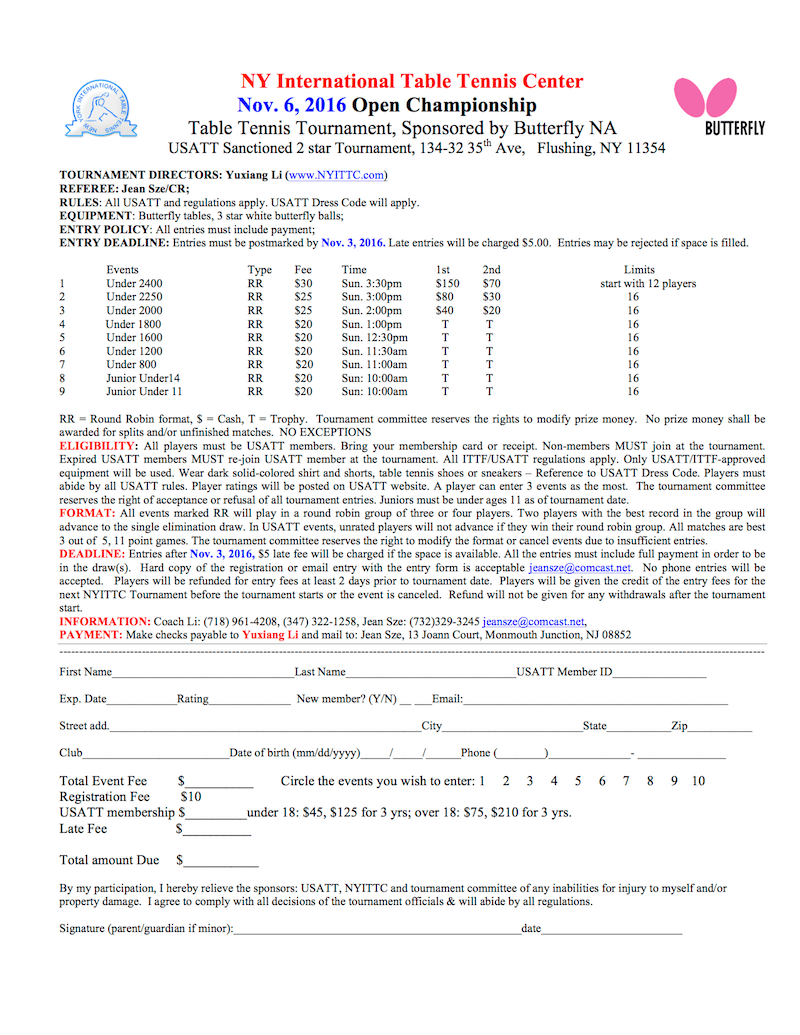 NY International TTC Nov. 6, 2016 Open Championship